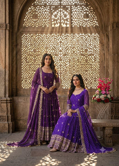 Royal violet purple Bandhani gown pant and dupatta full look