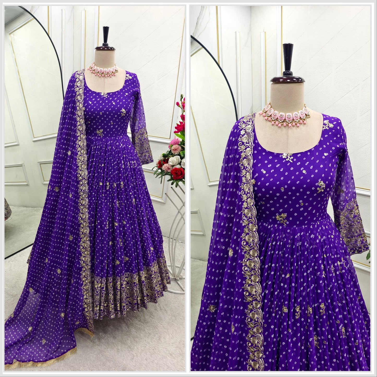 Royal violet Bandhani gown pant and dupatta set