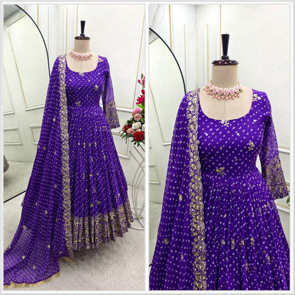 Royal violet Bandhani gown pant and dupatta set