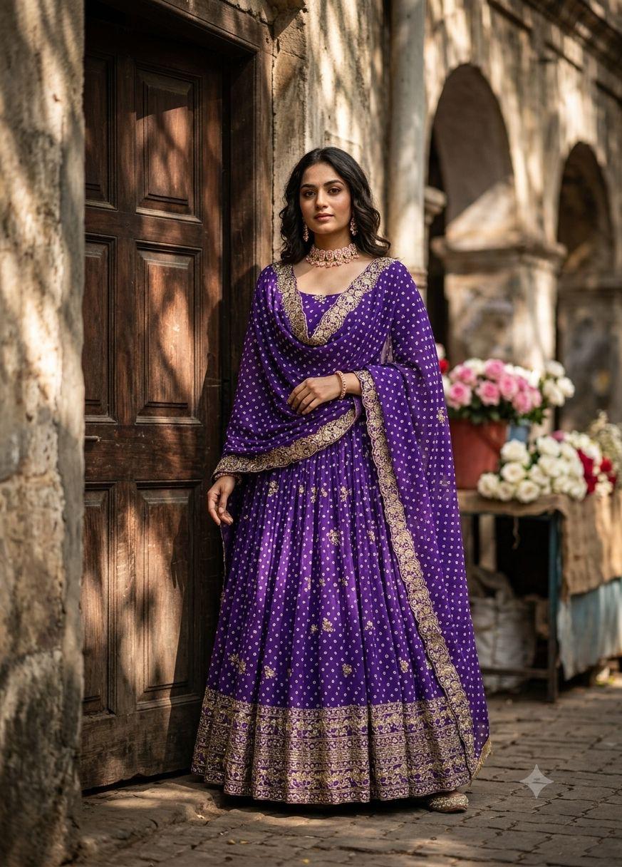 Royal violet Bandhani gown embroidered sleeve detail