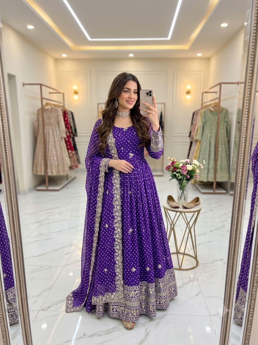 Royal violet purple Bandhani print Anarkali gown set front view
