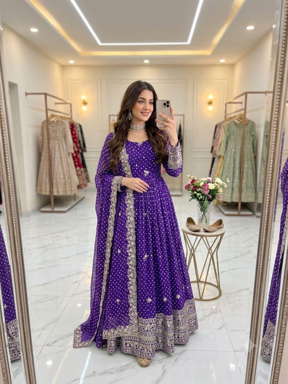 Royal violet purple Bandhani print Anarkali gown set front view
