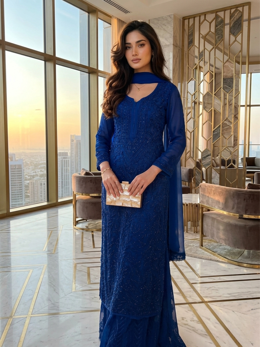 Royal Blue Ethereal Viscose Chikankari & Mukaish Work Ensemble