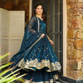 Royal Blue Embroidered Crunchy Silk Wide Flair Kameez and Sharara Set