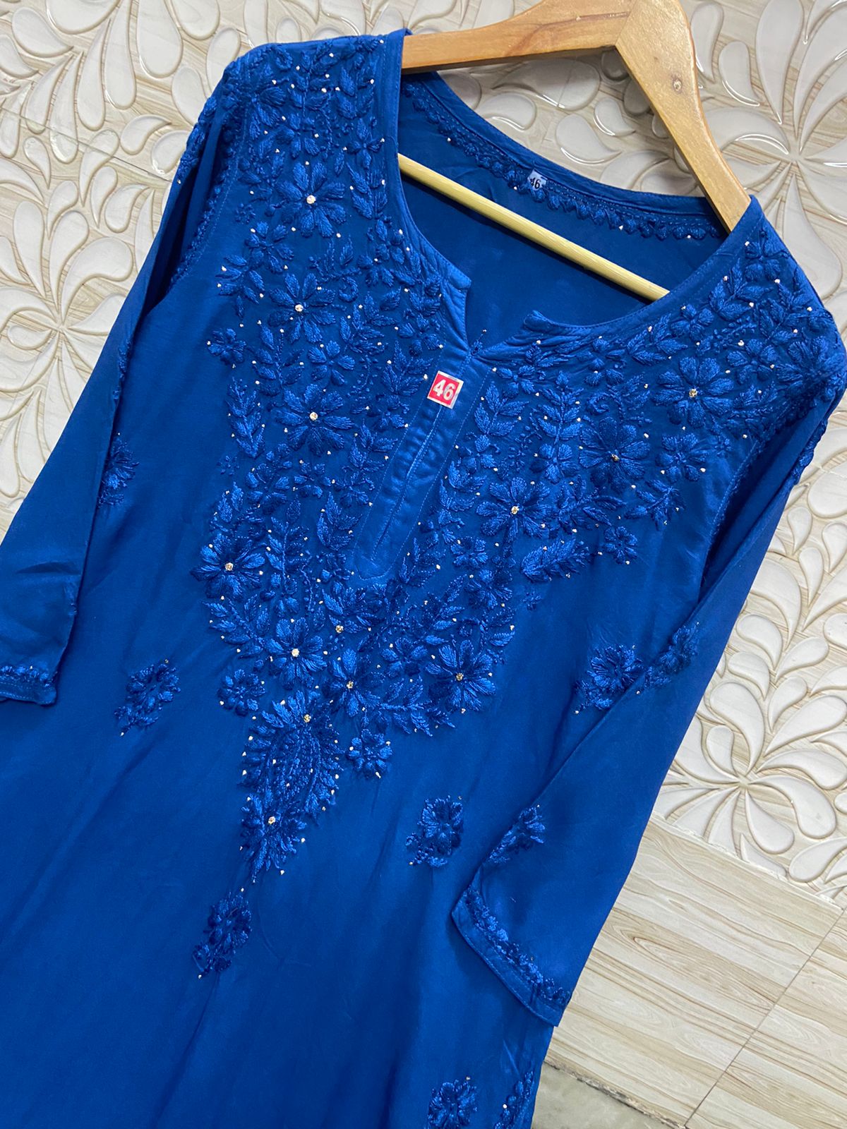 Royal Blue Elegant Lucknow Chikankari Cotton Kurti with Palazzo Set & Mukesh Work