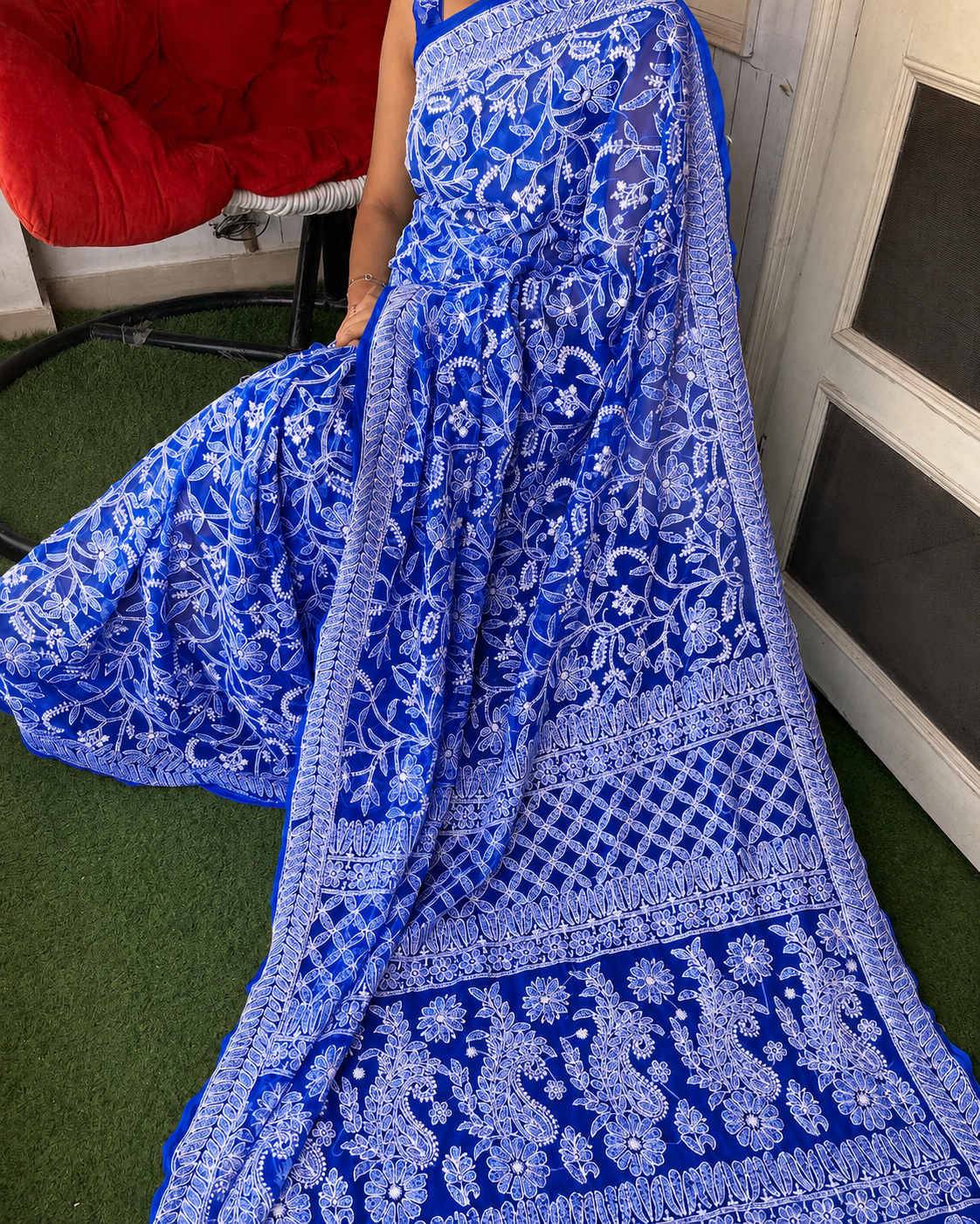 Royal Blue Color Full Jaal Chikankari Saree by Inayakhan (New)