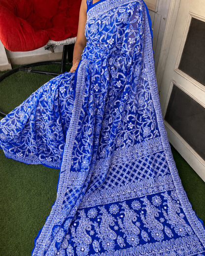 Royal Blue Color Full Jaal Chikankari Saree by Inayakhan (New)