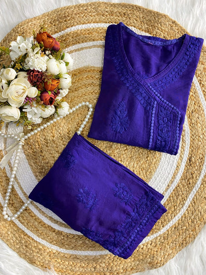 Premium Royal Indigo Chanderi Silk Lucknow Chikankari Kurti & Lace Pant Set (NEW)