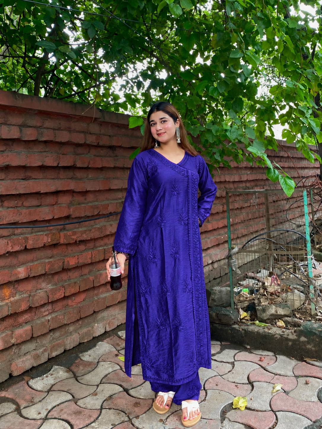 Premium Royal Indigo Chanderi Silk Lucknow Chikankari Kurti & Lace Pant Set (NEW)