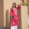 Ruby Elegance - Red Mulmul Kurti Set with White Chikankari Work and Palazzo