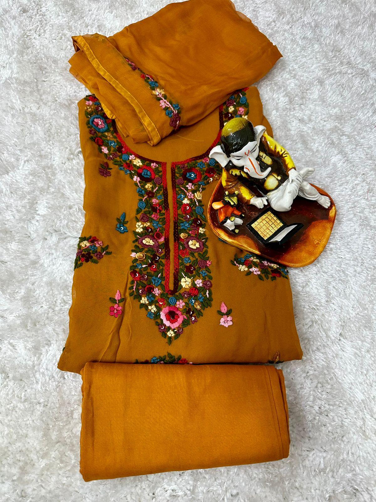 Rusty Orange Georgette Kashmiri Suit with Beautiful Hand Embroidery Work Latest Online - Inayakhan Shop 