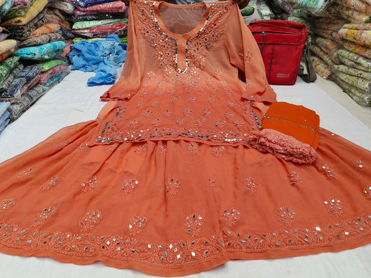 Rusty Orange Georgette Kurti Set with Fine Mirror Embroidery Work Shopping Online - Inayakhan Shop 