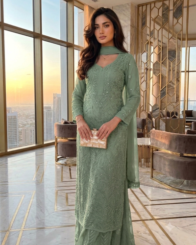 Sage Green Ethereal Viscose Chikankari & Mukaish Work Ensemble (Latest)