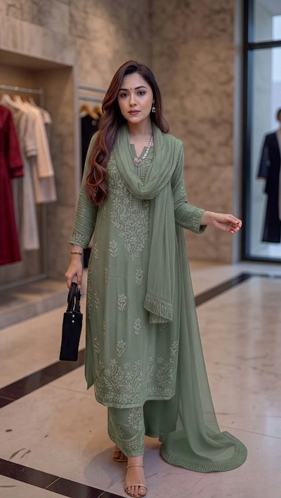 Sage Green Ethereal  Chikankari Kurta Set (New)