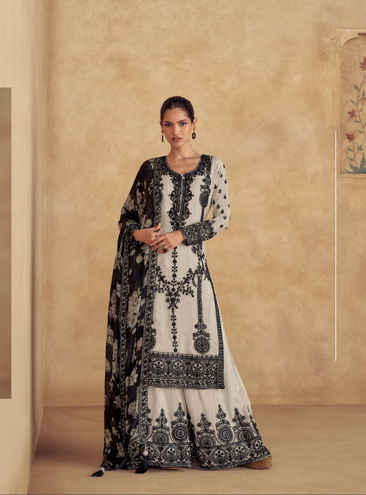 Black and White Premium Chinon Silk Salwar Kameez with Dupatta