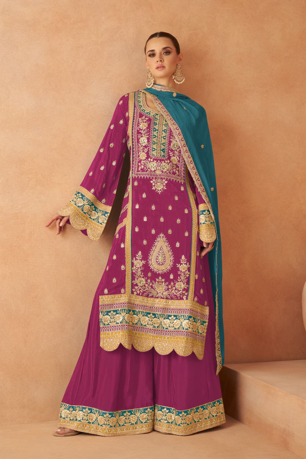 Dusty Pink Premium Designer Pakistani Salwar Kameez Palazzo with Dupatta