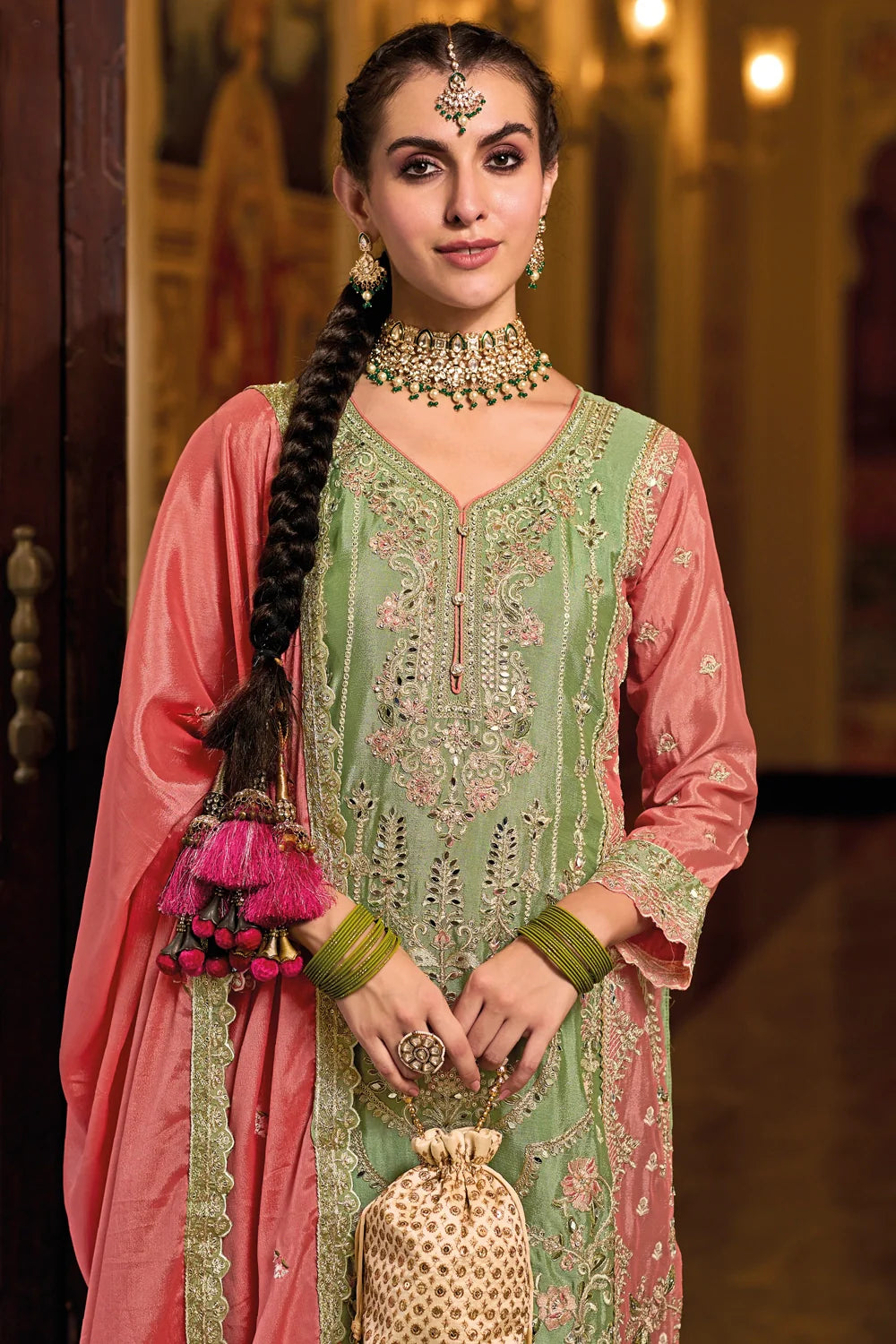 Regal Green Chinon Silk Embroidered Palazzo Salwar Suit