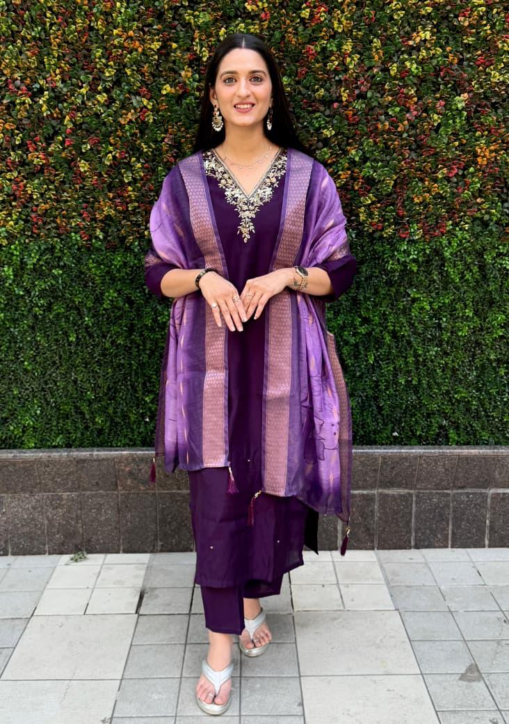 Exquisite Dark Purple Roman Silk Shalwar Kameez Set with Chanderi Jacquard Dupatta