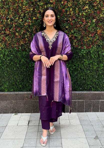 Exquisite Dark Purple Roman Silk Shalwar Kameez Set with Chanderi Jacquard Dupatta