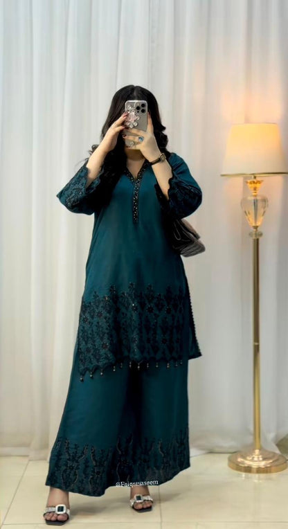 Green Designer Silk Pakistani Style Suit Set with Sequin Work – Inayakhan Shop