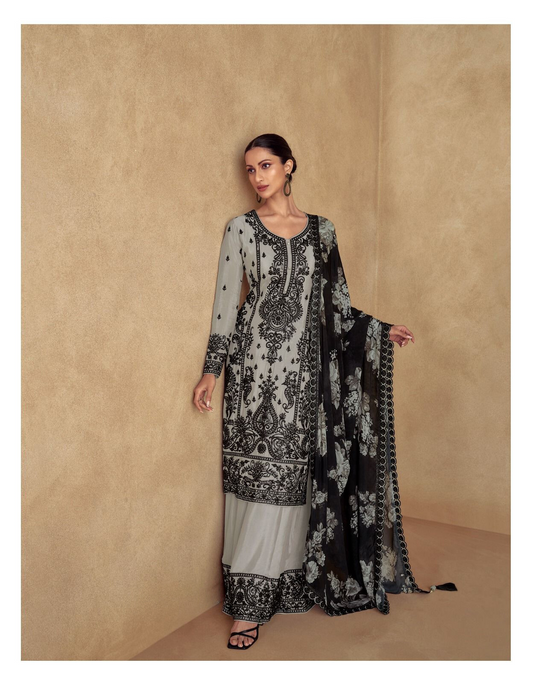 Monochrome Premium Chinon Silk Salwar Kameez with Dupatta