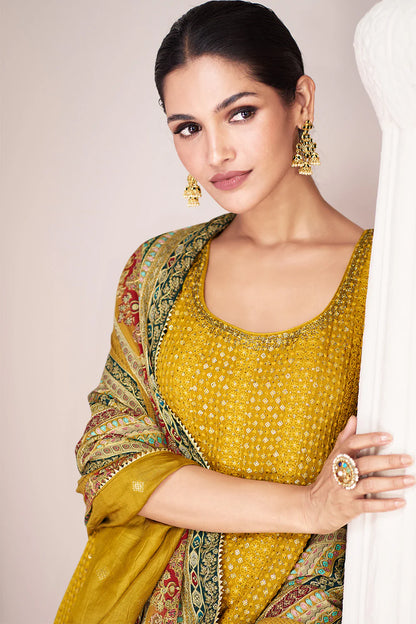 Yellow Silk Heavy Sequins & Swarovski Embroidered Peplum Suit with Sharara