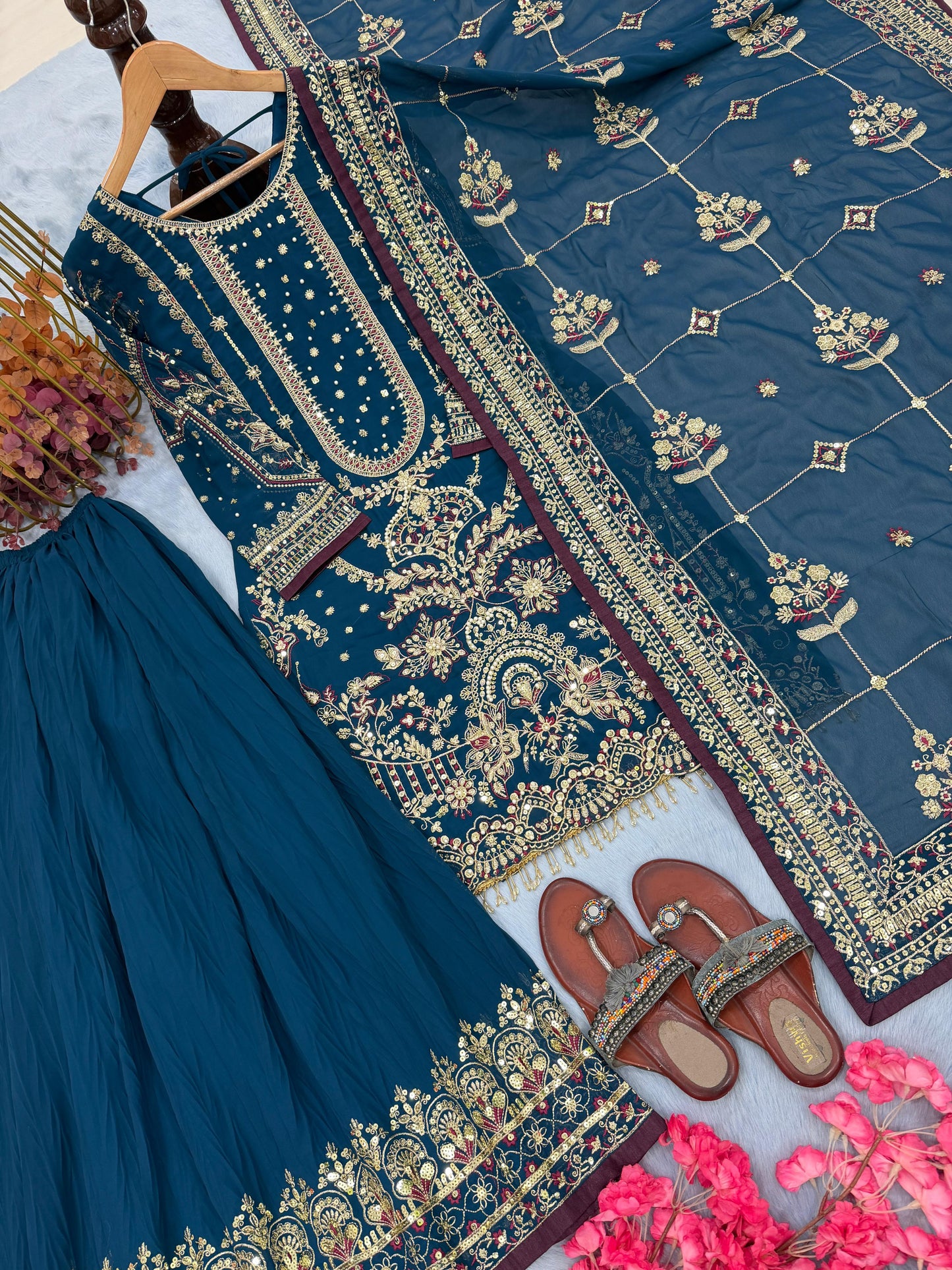 Deep Teal Blue Designer Party Wear Heavy Faux Georgette Top, Palazzo Dupatta Set