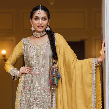 Grey-Yellow Chinon Silk Embroidered Palazzo Salwar Kameez Suit