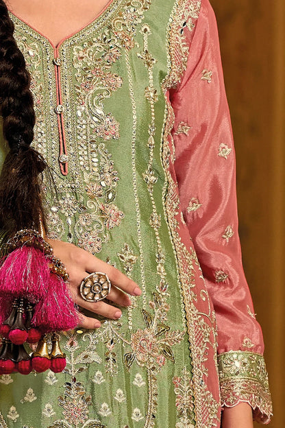 Regal Green Chinon Silk Embroidered Palazzo Salwar Suit