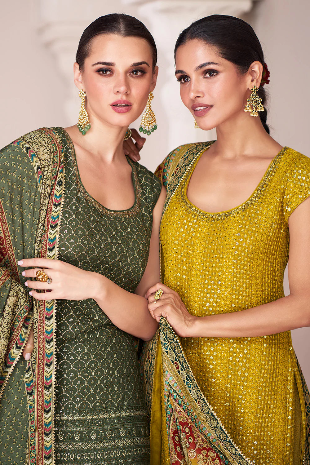 Yellow Silk Heavy Sequins & Swarovski Embroidered Peplum Suit with Sharara