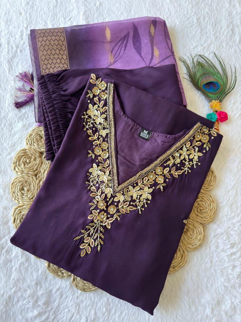 Exquisite Dark Purple Roman Silk Shalwar Kameez Set with Chanderi Jacquard Dupatta