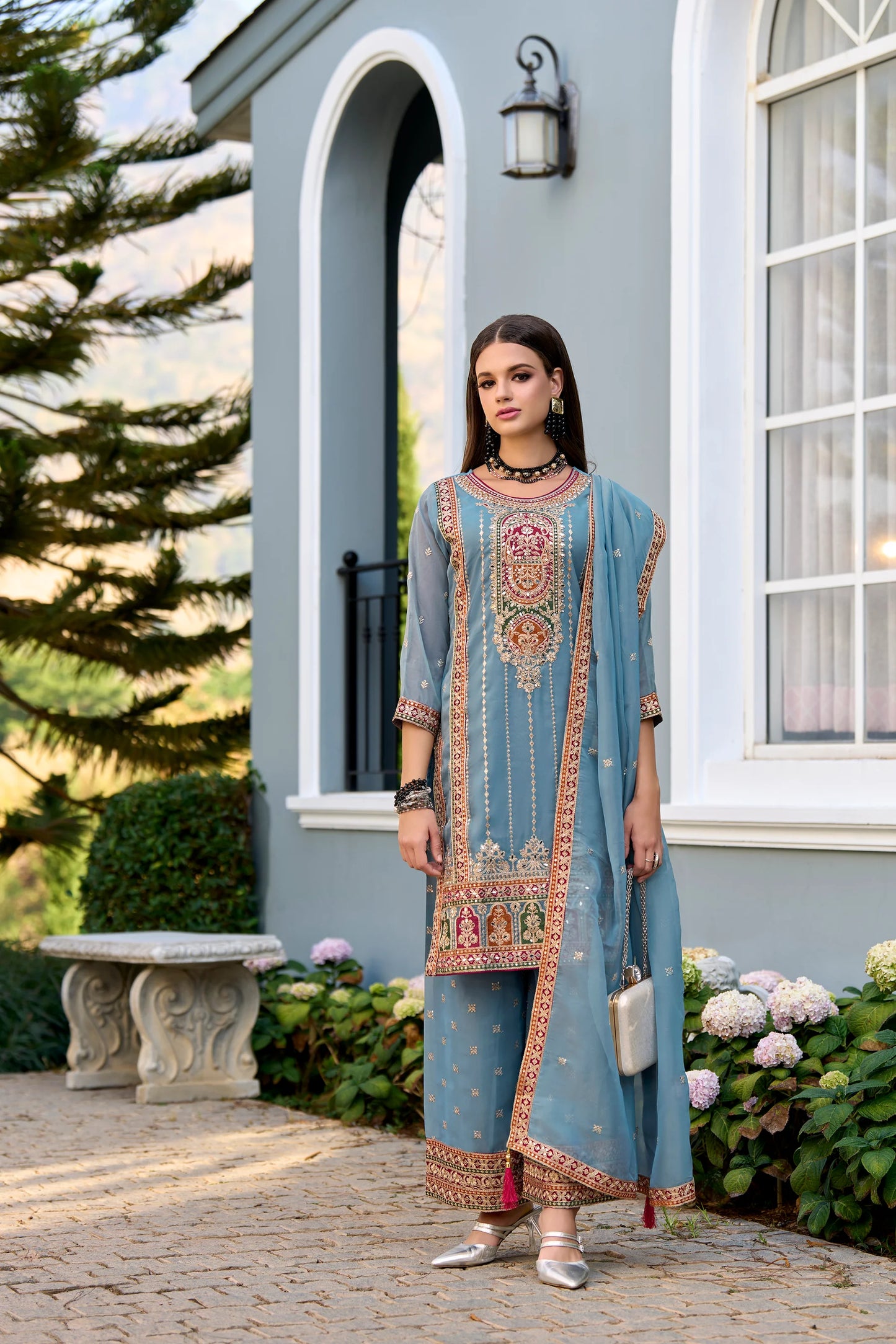 Blue Festive Wear Simar Organza Embroidered Readymade Salwar Kameez Set