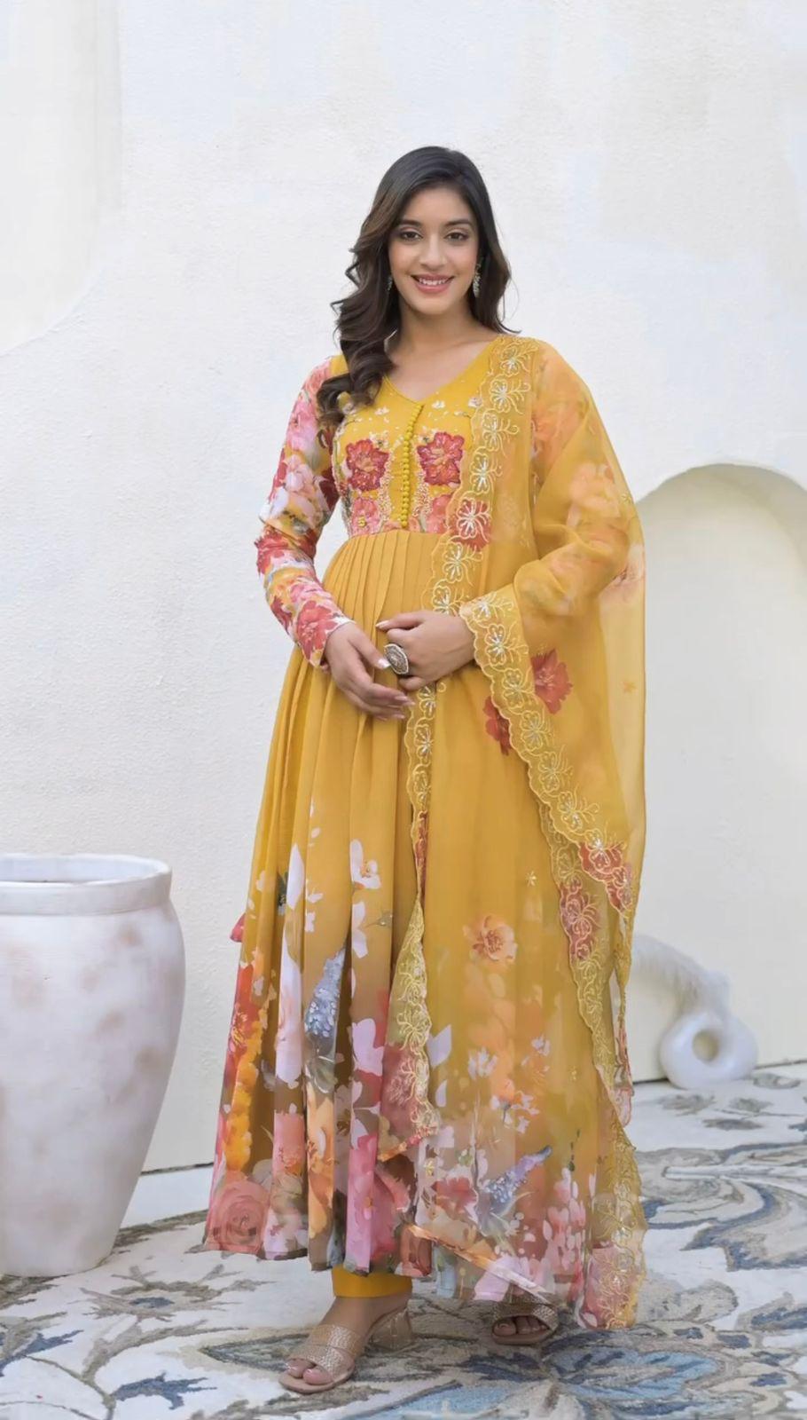 Yellow Enchanting Floral Georgette Gown & Pant Set with Embroidered Dupatta