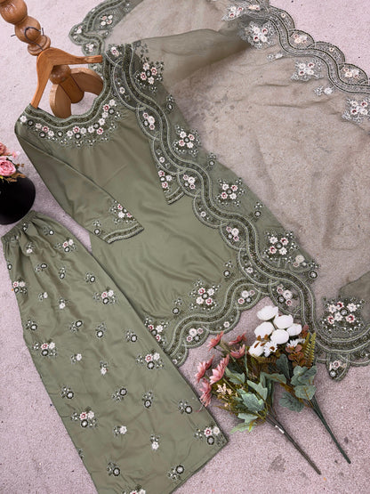 Elegant Green Crepe Silk Sharara | Pakistani Style Suit for Women
