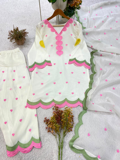 Elegant White Mul Chanderi Embroidered Salwar Suit with Dupatta