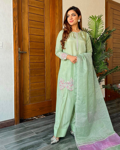 Light Green Designer Crepe Embroidered Farshi Salwar Suit Set