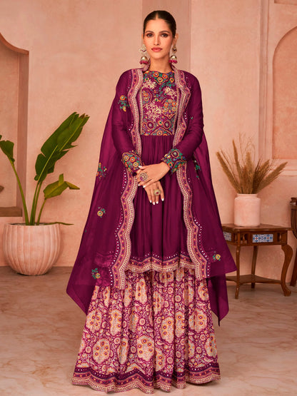 Wine Color Silk Splendor Party Wear Salwar Kameez Sharara with Dupatta