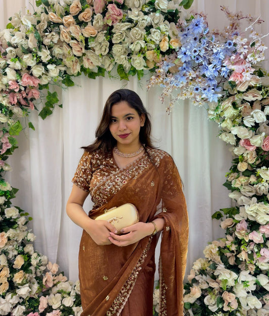 Brown Party Wear Chiffon Sequin Embroidered Saree (New)