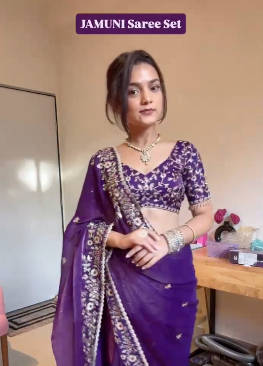 Jamun Color Party Wear Chiffon Sequin Embroidered Saree (New)