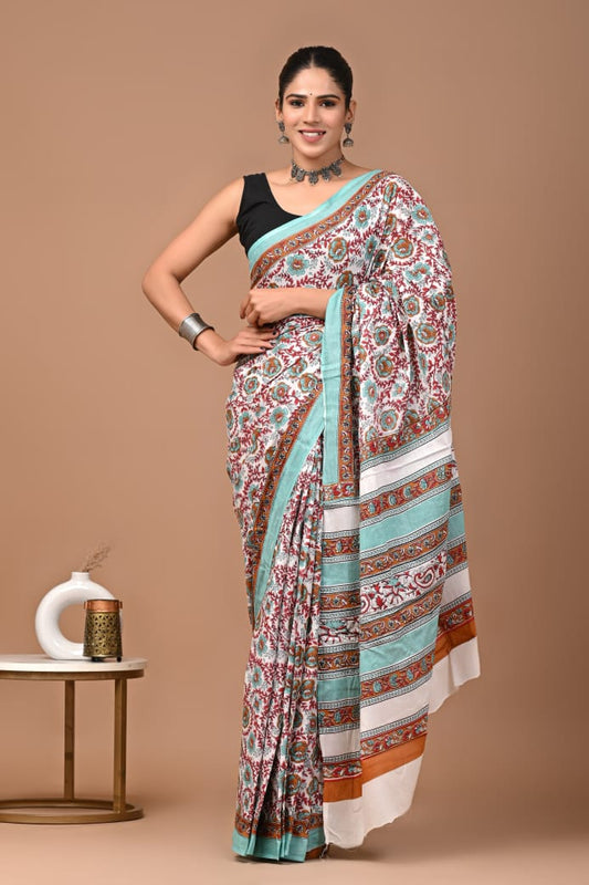 Multicolor Blue Ajrakh Cotton Mul Handblock Print Saree with Ready-to-Wear Blouse Set