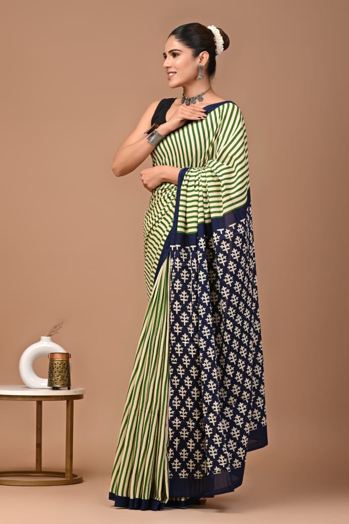 Light Green Black Ajrakh Cotton Mul Handblock Print Saree with Ready-to-Wear Blouse Set