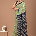 Light Green Black Ajrakh Cotton Mul Handblock Print Saree with Ready-to-Wear Blouse Set