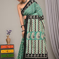 Green Black Stripe Ajrakh Cotton Mul Handblock Print Saree with Ready-to-Wear Blouse Set