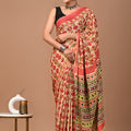 Light Red Ajrakh Cotton Mul Handblock Print Saree with Ready-to-Wear Blouse Set