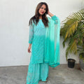 Sea Green Chikankari Elegance Ombré Mirror Booti Jaal Set - Kurti, Sharara & Dupatta