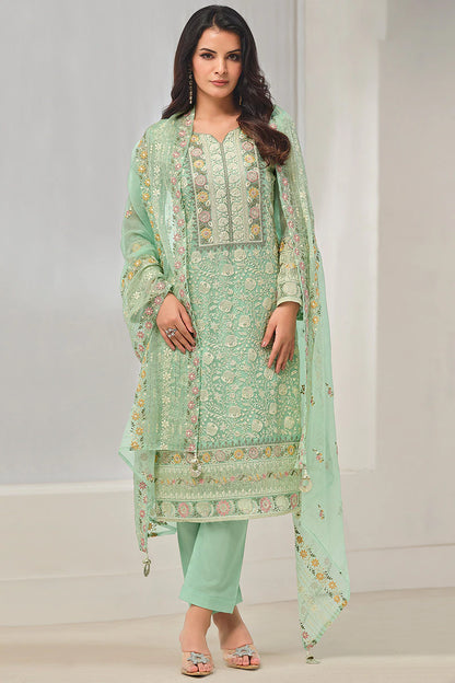 Green Elegant Organza Pakistani Salwar Suit Set with Resham and Sequins Work