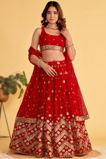 Bright Red Embroidered A-Line Lehenga Choli Wedding Set