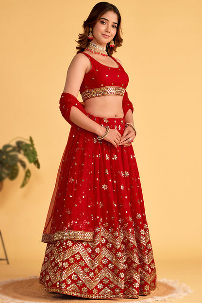 Bright Red Embroidered A-Line Lehenga Choli Wedding Set