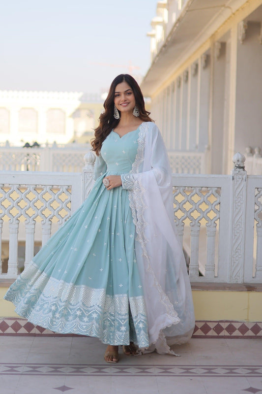 Serenade in Blue: Light Blue Faux Georgette Suit with Exquisite Thread and Sequins Embroidery - Inayakhan Shop 