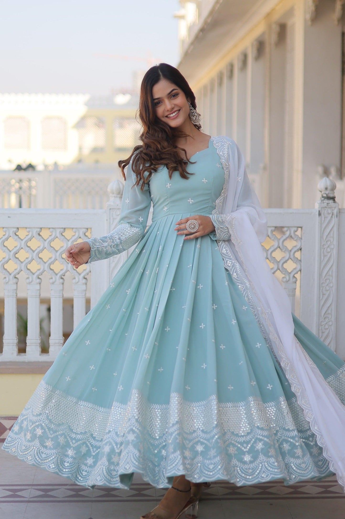 Serenade in Blue: Light Blue Faux Georgette Suit with Exquisite Thread and Sequins Embroidery - Inayakhan Shop 